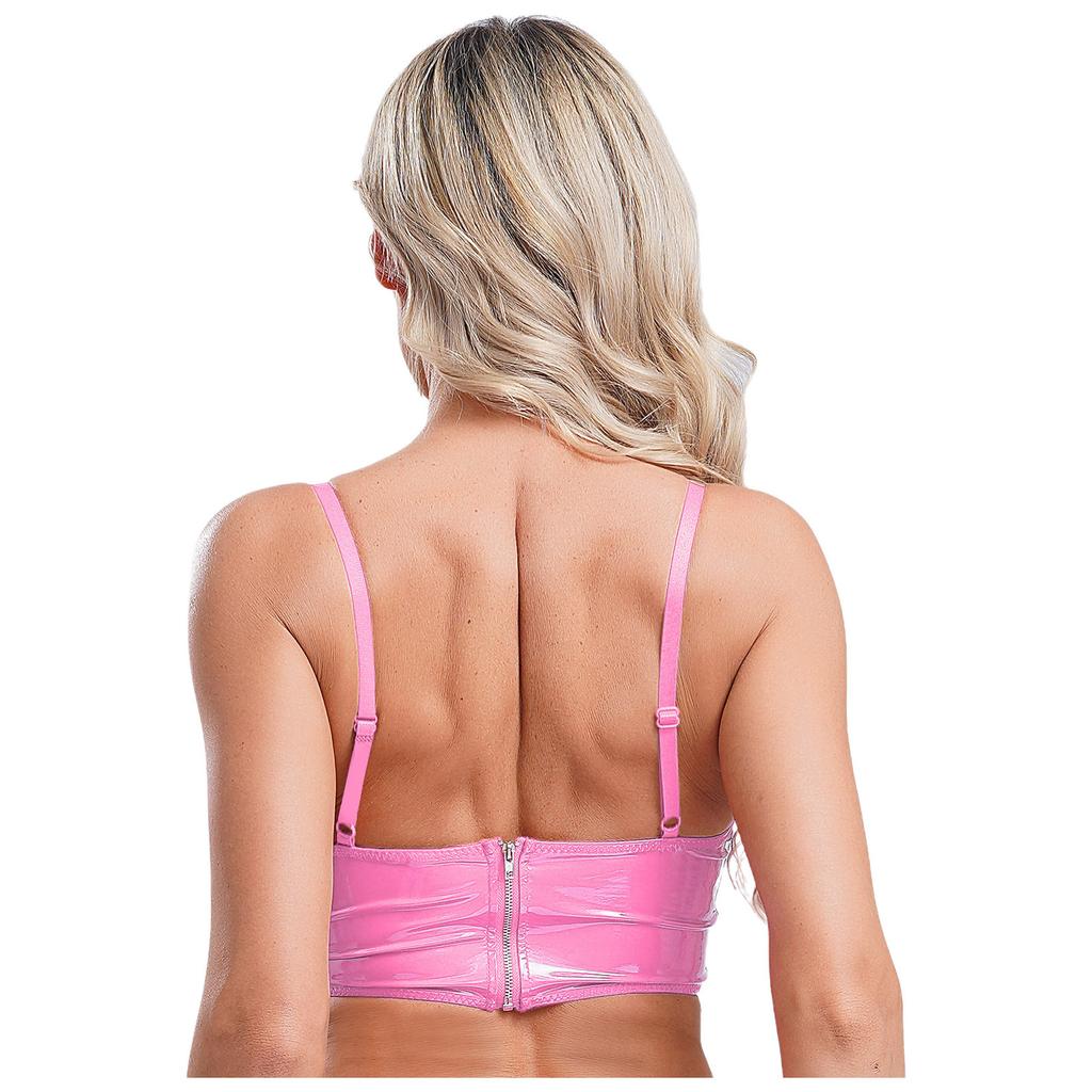 Womens Mesh Underwire Push Up Bra Balconette Bustier Wet Look Crop Top Back Zipper Lingerie