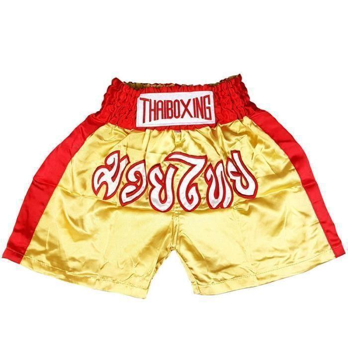 Short de Boxe Thai - Traditionnel - Jaune - Tailles Enfants et Adultes - 100% Satin Polyester