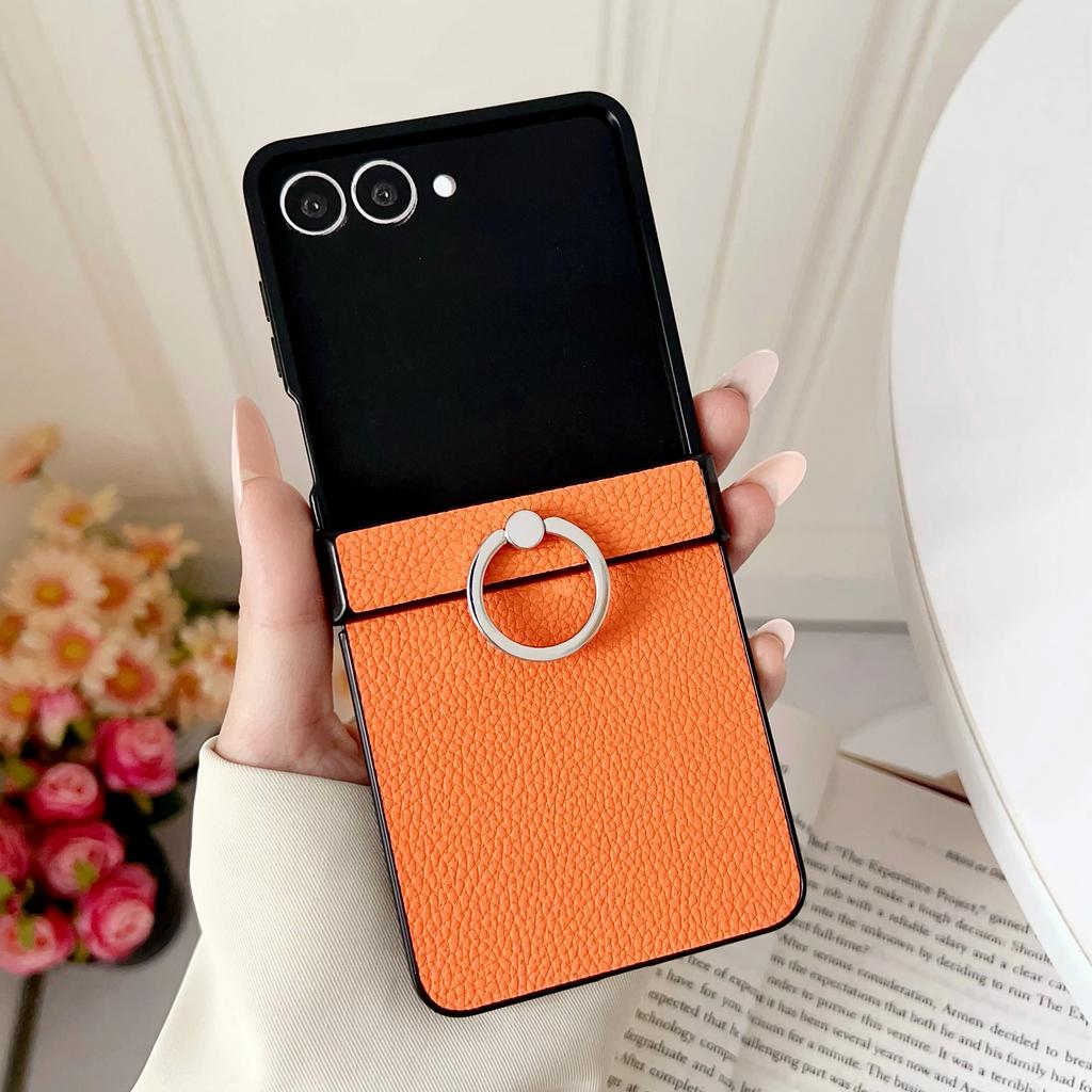 High-end Busine Sle Litchi Texture Leather Foldable Phone Case for Samsung Galaxy Z Flip 7 6 5 4 3 Ring Holder Protection Cover