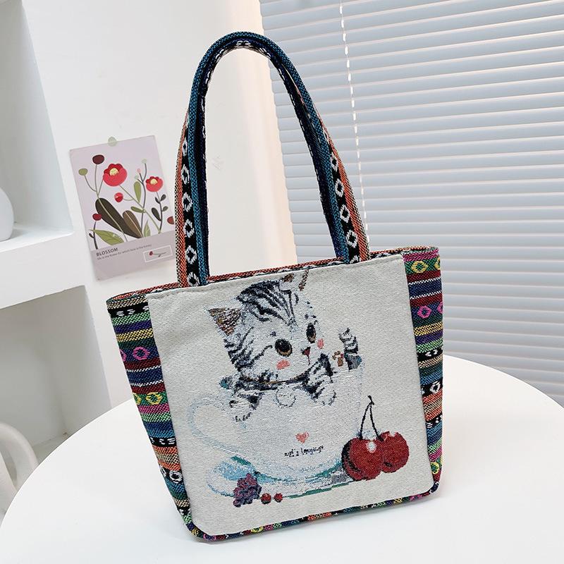 Cartoon Embroidered Canvas Handbag Women's Bag Casual Handbag Office Worker Small Satchel