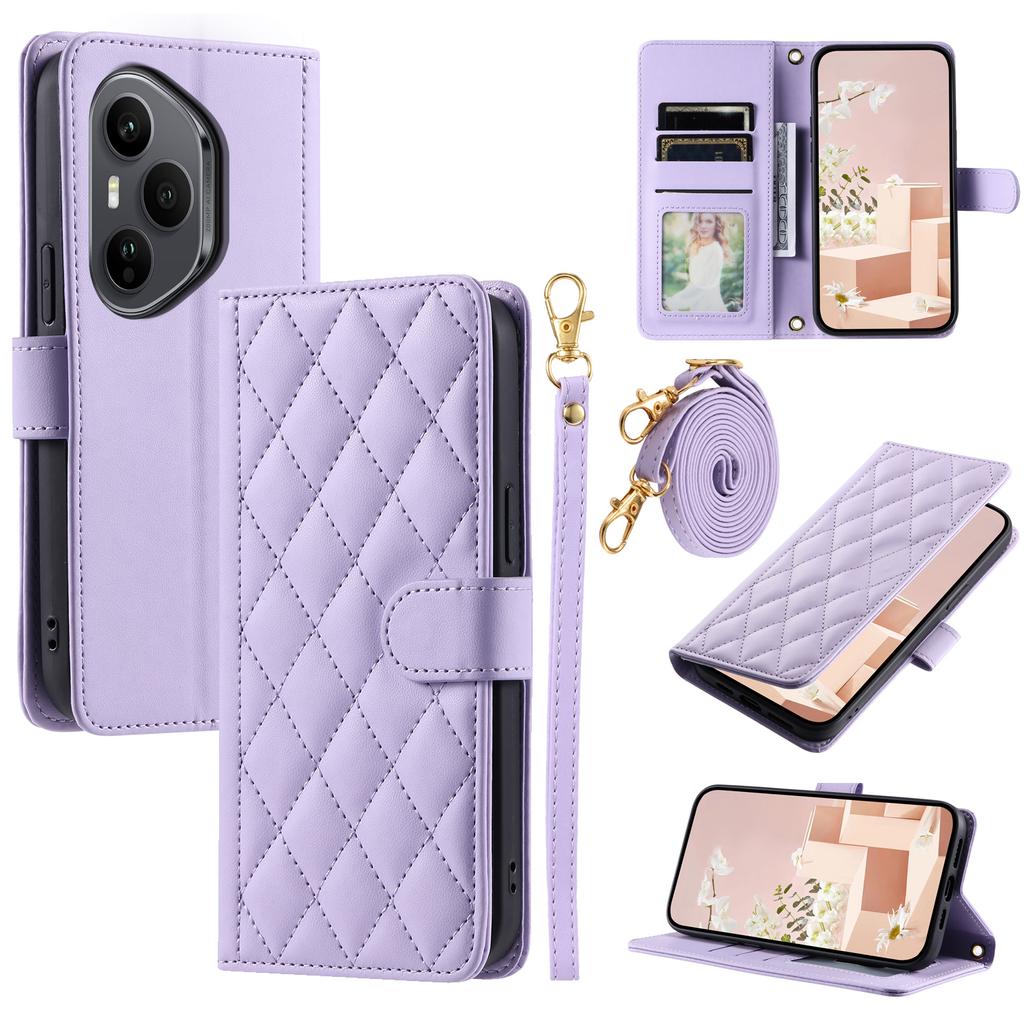 For Honor 400 Pro 5G (Global) Case Wallet Rhombus Grid PU Leather Phone Cover with Shoulder Strap/Wrist Strap