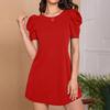 Женское модное платье с темпераментом, однотонное, с круглым вырезом и короткими рукавами