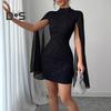 Женское платье с рукавами-накидкой, облегающее мини-платье с воротником-стойкой, сексуальное блестящее шифоновое коктейльное платье с рукавами-накидкой для свадебного вечера