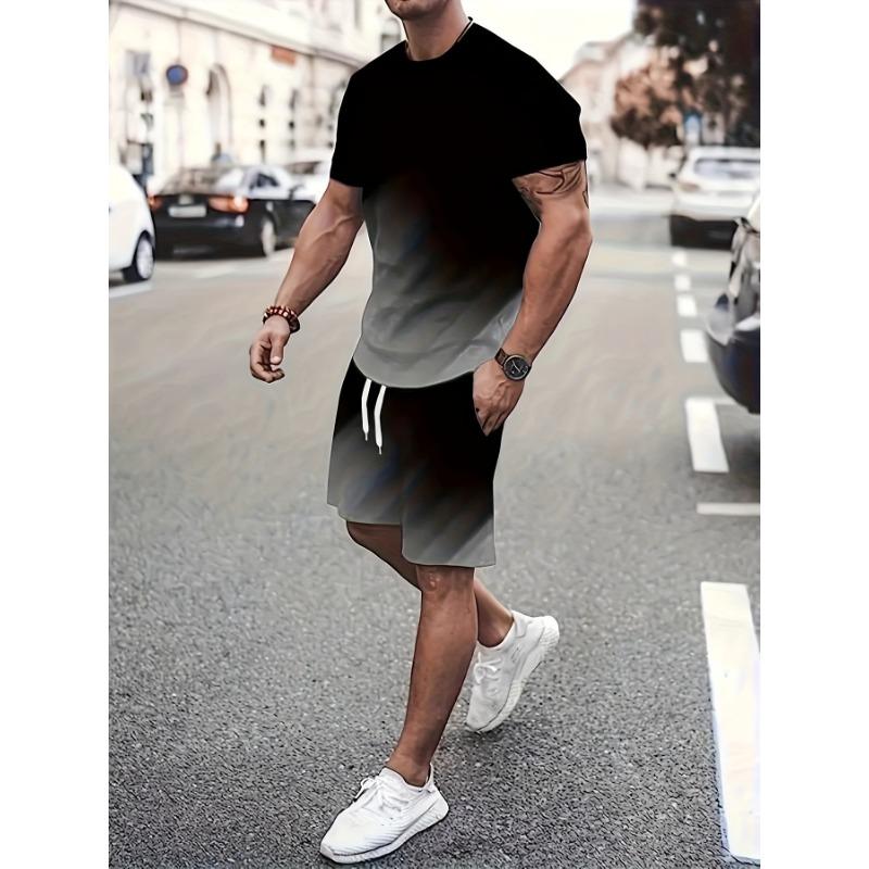 Мужская летняя повседневная футболка с цветным принтом, круглым вырезом, коротким рукавом, шортами на талии с завязками, свежий повседневный комплект