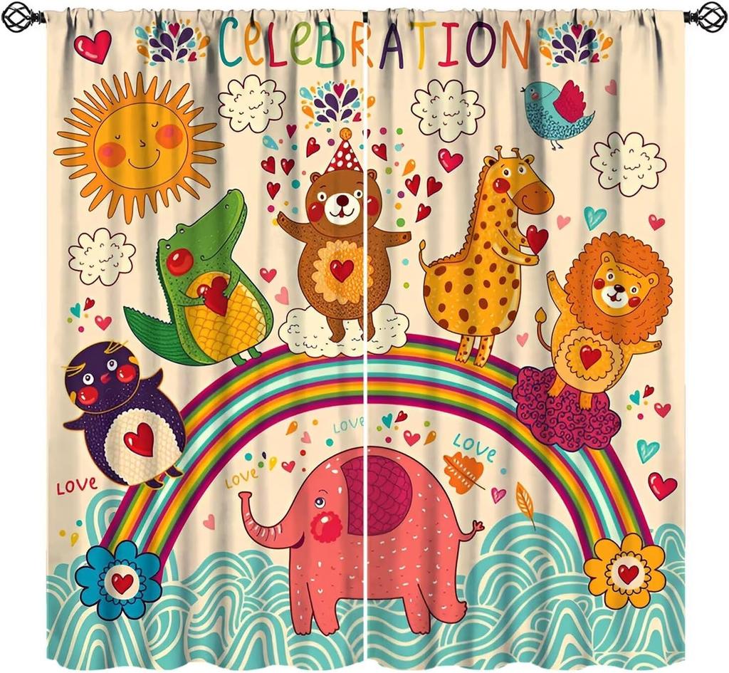 Cartoon Blue Bear Curta For Boys,Watercolor Little Cute Animal Aircrafts Hot Air Balloons Rainbow Window Drapes For Baby Boys