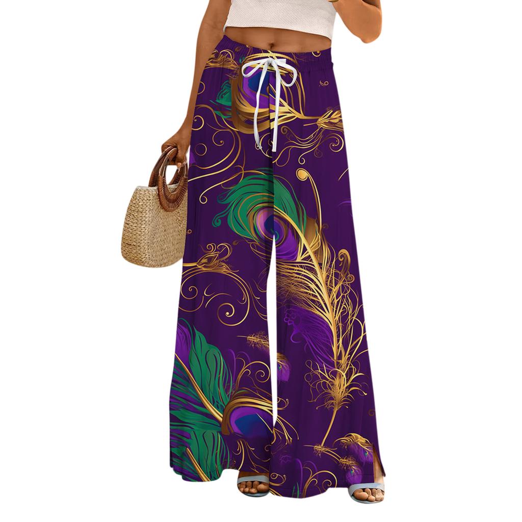 Ladies' Loose And Casual Printed Wide Leg Pants With Elastic Waistband Drawstring And Pocket Pants