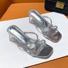 Fashion Silver Leather Transparent High Heels Summer Shoes Woman Crystal Band Slippers Clear Heeled Slides Women Flip Flops Big Size 43
