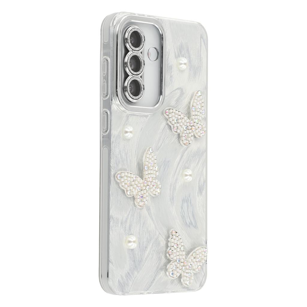 For Samsung Galaxy S25/S24 Case Butterfly Pearl Decor IMD PC+TPU Phone Cover with Glass Lens Film