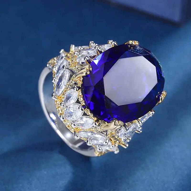 Xiaomi Huitan Luxury Women Two Tone Ring Gorgeous Lady Party Elegant Accessories Inlaid Shiny Blue Oval CZ Noble Fashion Jewelry Gift