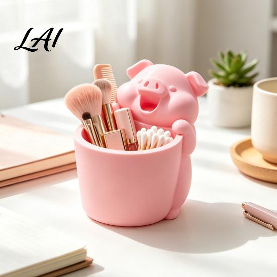 Creative Desktop Piggy Pot, Printed Cute Storage 3D Cartoon Pig Shaped Pen Holder, Small
