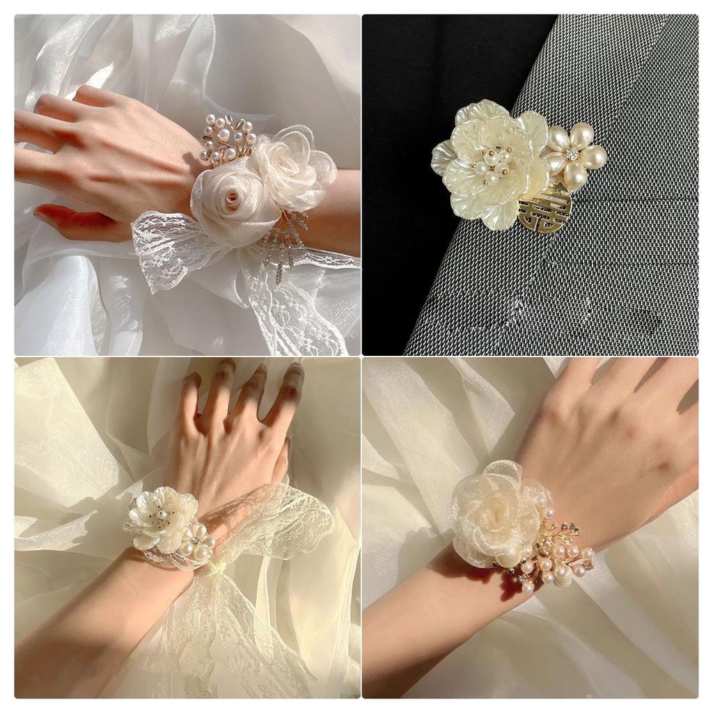 Elegant White Bridesmaid Corsage Bracelet - High-End Wedding Hand Flower