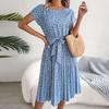 O-Neck Short Sleeve High-Waist Lace-Up Midi Dress Simple Floral Print Pleated Hem