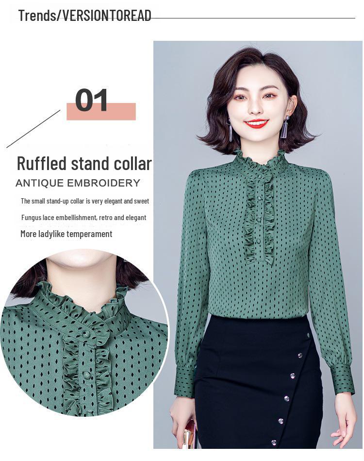 Trendy Women's Slim Long Sleeve Stand Collar Chiffon Shirt - Versatile Casual Wear for Spring & Autumn 2024