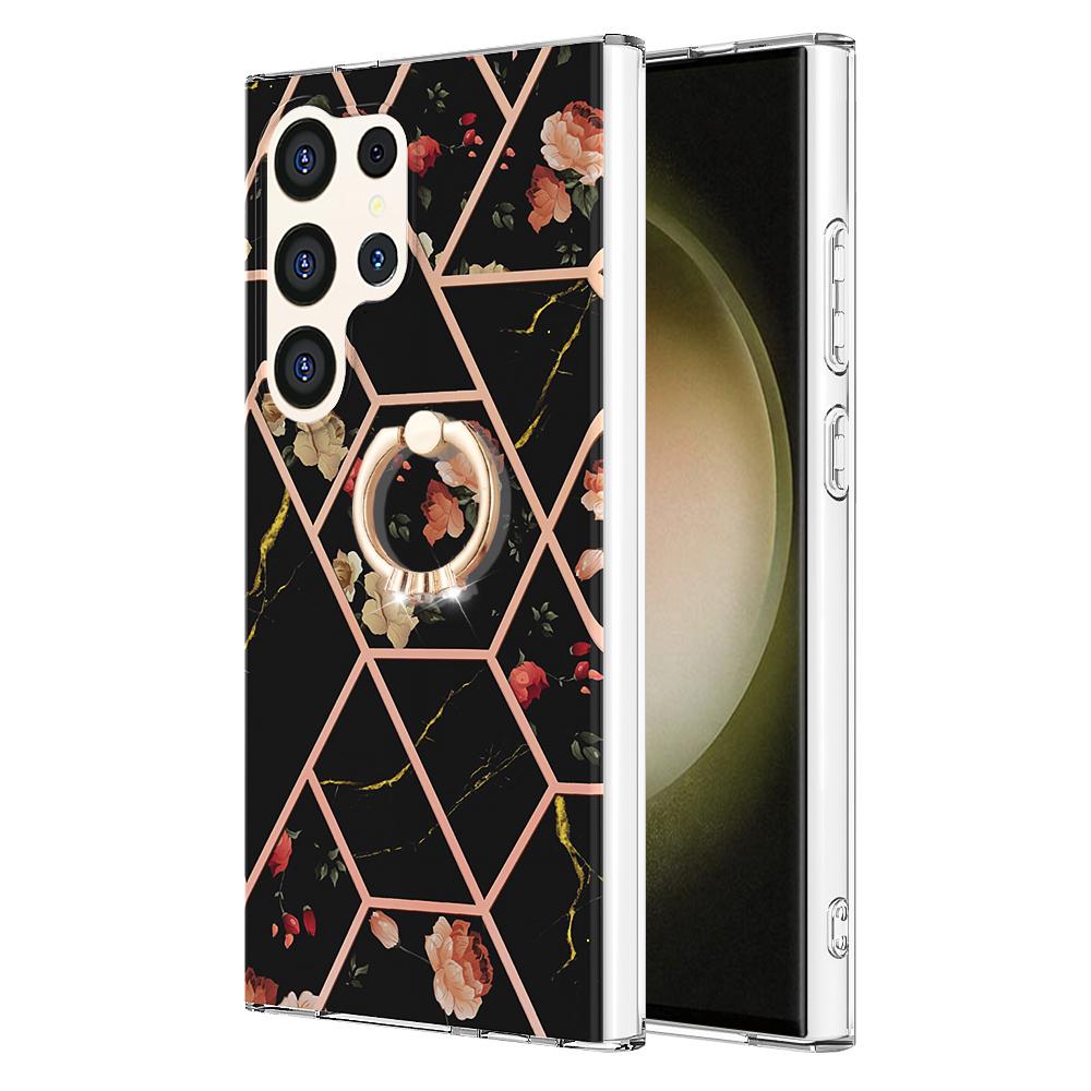 Ультратонкий чехол для телефона IMD с кольцом-держателем и золотистой окантовкой и мраморным цветком для Samsung Galaxy S20, S21, S22, S23, S24, A11, A13, A14, A23, A34, A54, A53, A73, A33...