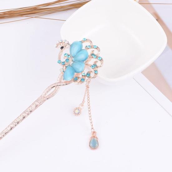 Women Hair Stick Chinese Style Vintage Colorful Rhinestone Flower Decor Tassel Hollow Out Exquisite Stainless Alloy Lightweight Hair Fork Hanfu