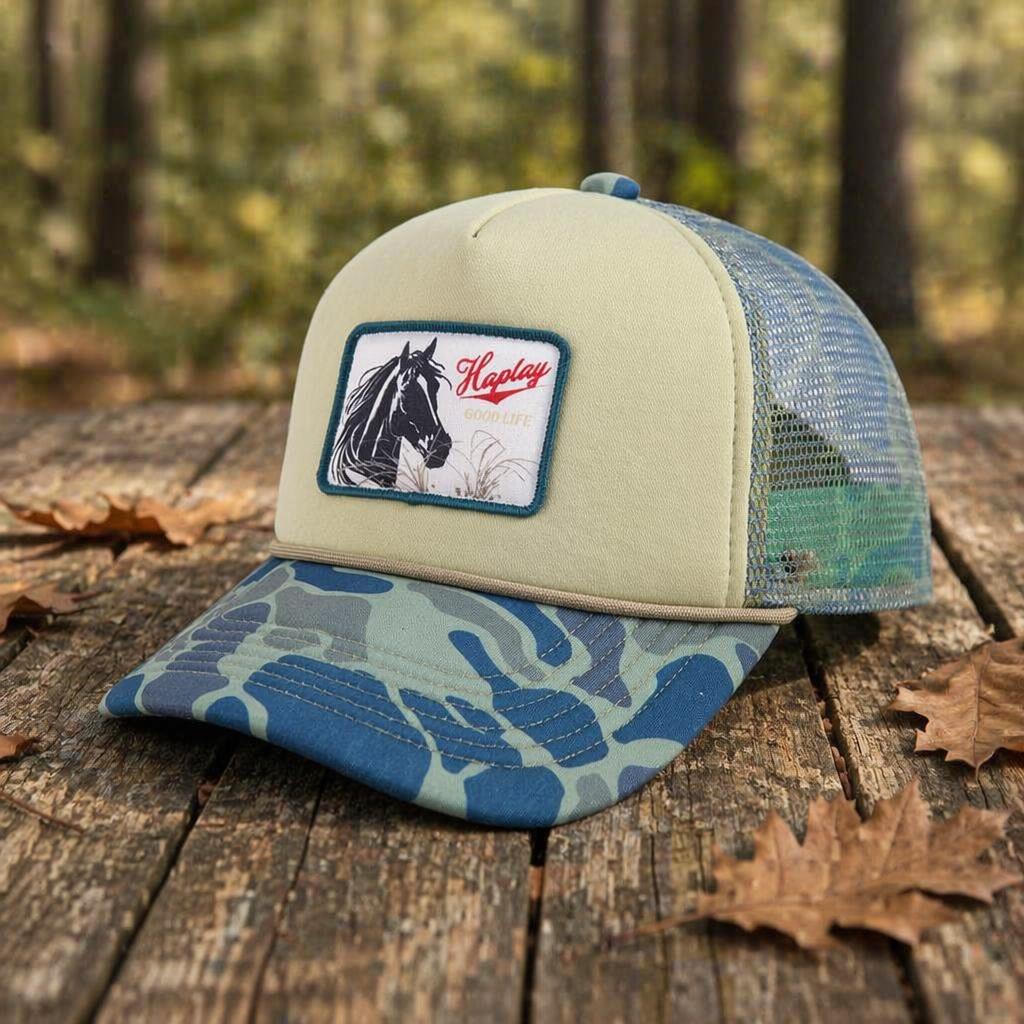 Trucker Hats With Logo Embroidery Printing 5 Panel Camo Trucker Cap Pre-curved Brim Print Mesh Hat