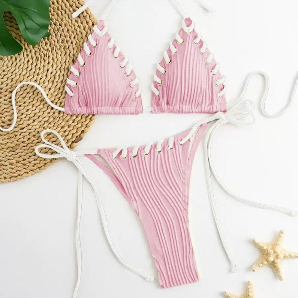 Lace Up Swimwear Set Ruffled Halter Neck Sling Swimsuit Simple Bikini Suit Resort Wear