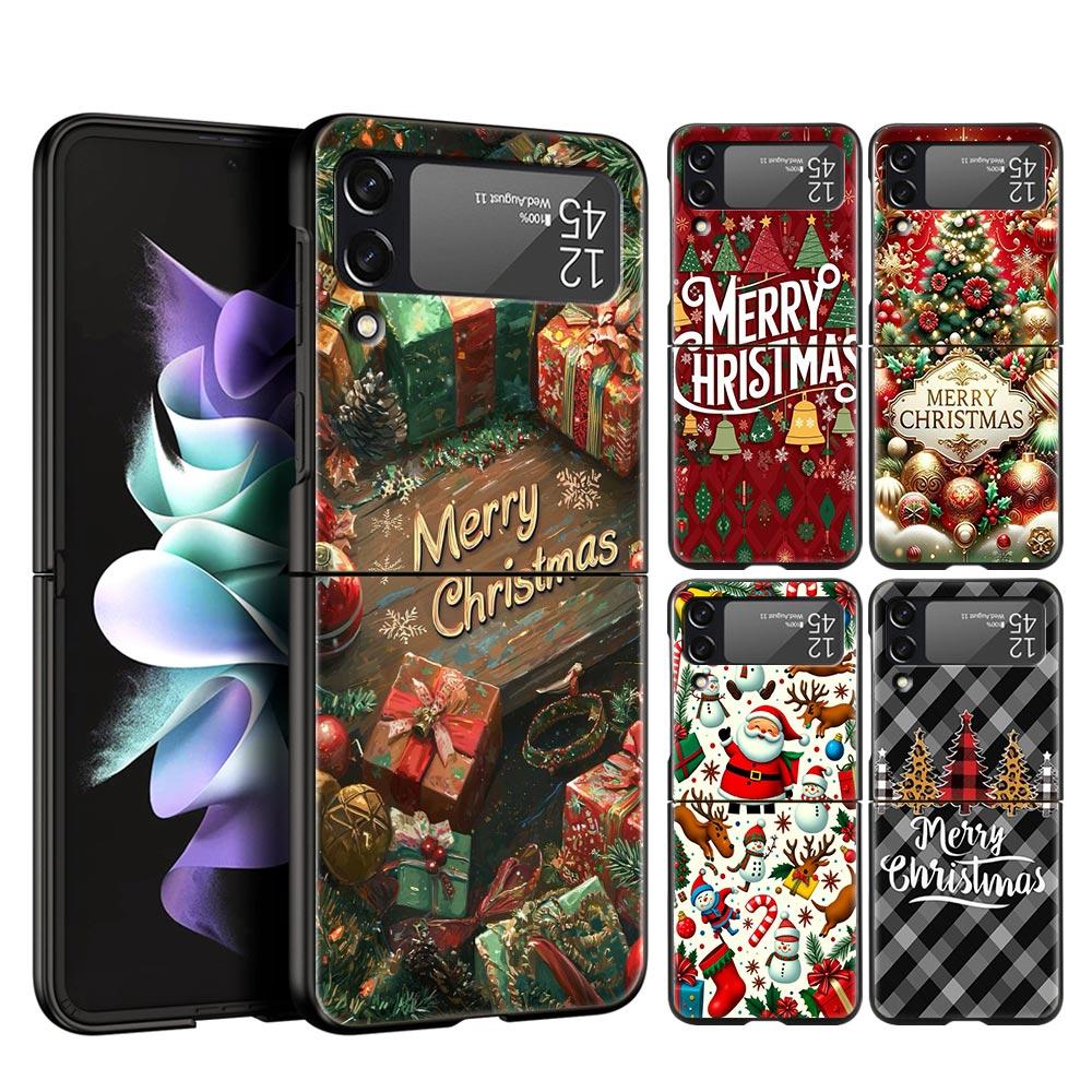 Merry Christmas Hard PC Phone Case For Samsung Galaxy Z Flip 7 6 5 4 Black Cover For Galaxy Z Flip 3 Foldable Fundas Shell Capas