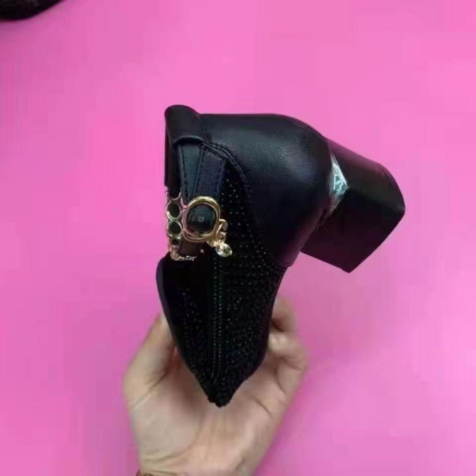 Women's Rhinestone Single Pumps Shoes Ladies Elegant Mesh Hollow Breathable Soft Sole Thick Medium Heel Sandals Loafers