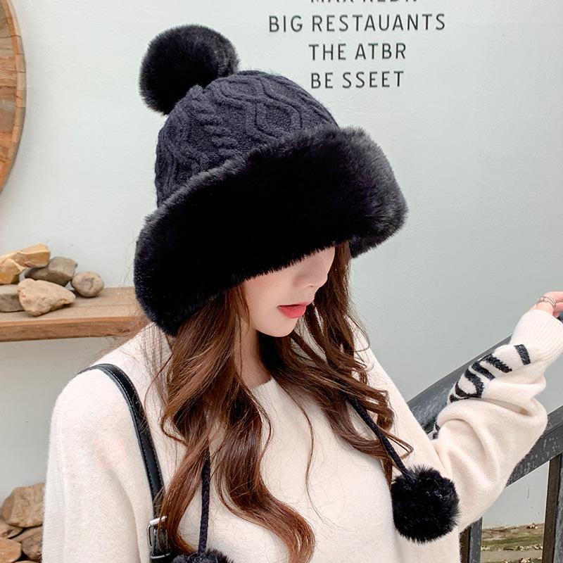 Women's Cashmere Hat Three Wool Balls Autumn Winter Cap Cute Fleece Thickened Warm Solid Knitted Hats