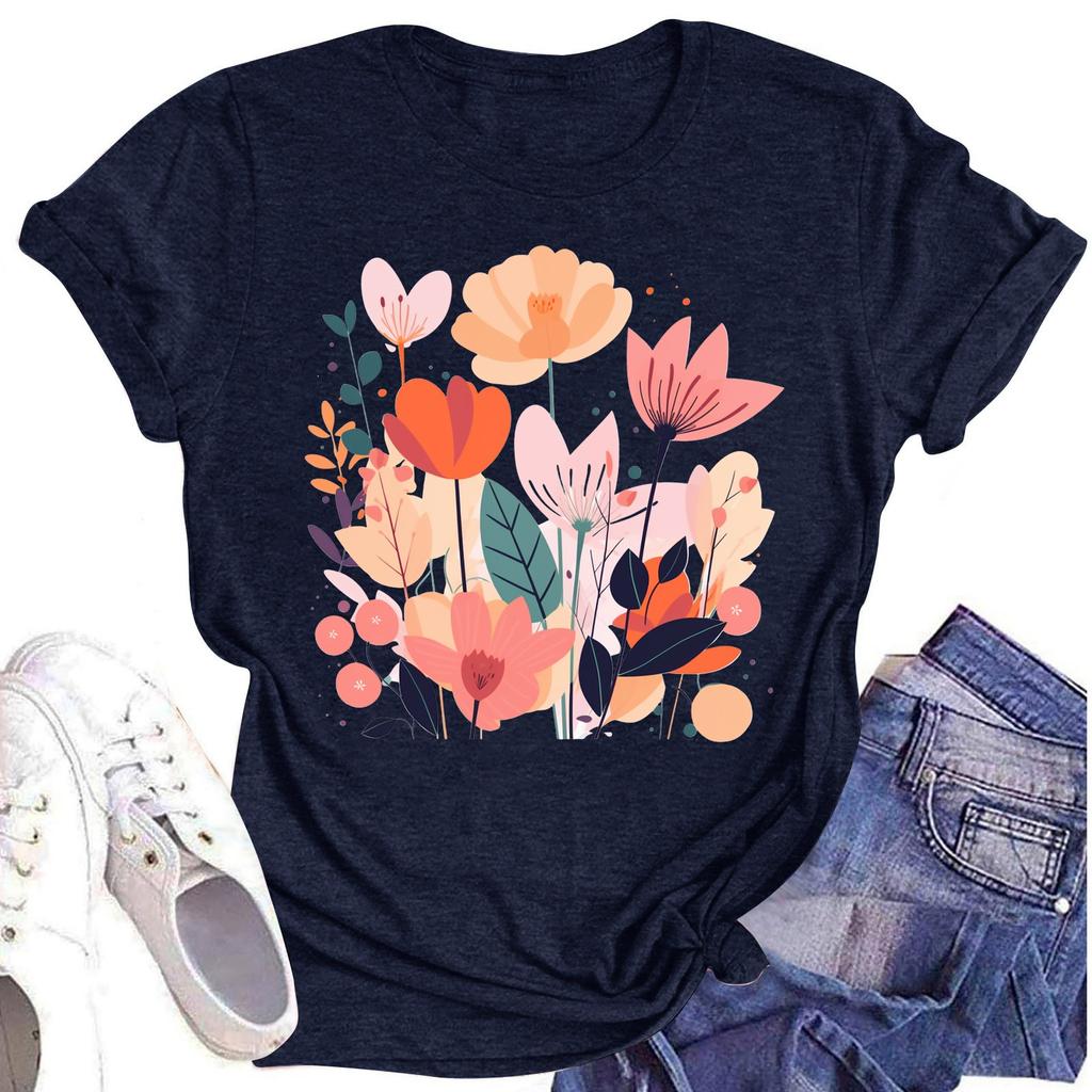 Женская повседневная футболка с круглым вырезом и цветочным принтом, короткий рукав