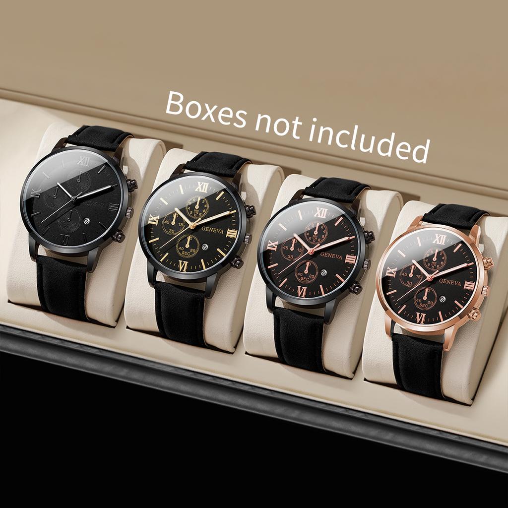 4pcs/set Men's Handsome Watch Simple Roman Scale Three Eye Dial Men's Calendar Leather Strap Quartz Combination Watch (No Box)