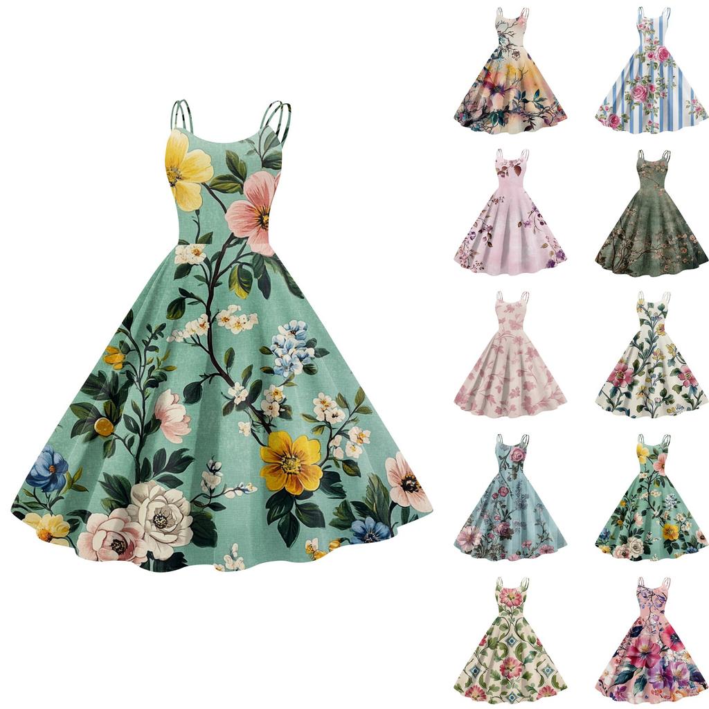 Women's Casual Fashion Flower Print Sexy Off Shoulder Punk Retro Dress Retro Dress Dress