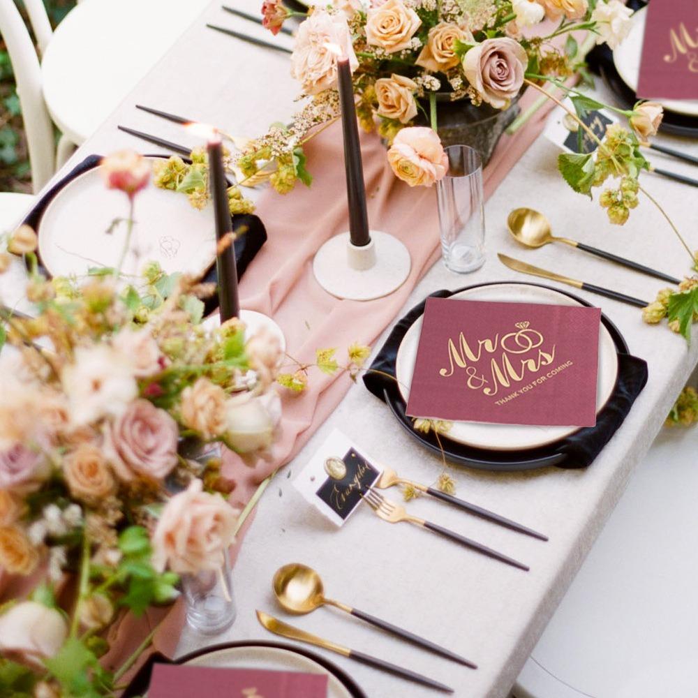 100pcs 3-Ply Mr Mrs Wedding Napkins Bronzing Printed Disposable Napkins for Wedding Anniversary