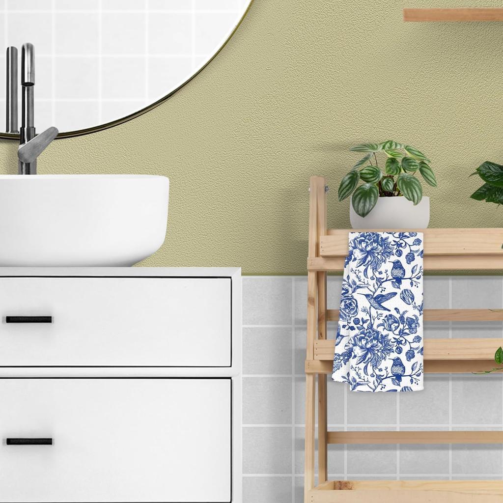 Blue and White Chinoiserie Floral Bird Tea Hand Dish Towels for Kitchen Bathroom, Chinoiserie Decor, Blue Tea Hand Dish Kitchen Towels, 16x24