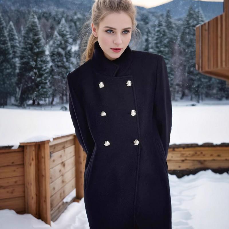 Womens Wool Blend Coat Slim Fit Stand Collar Solid Color Long Overcoat Fall Winter