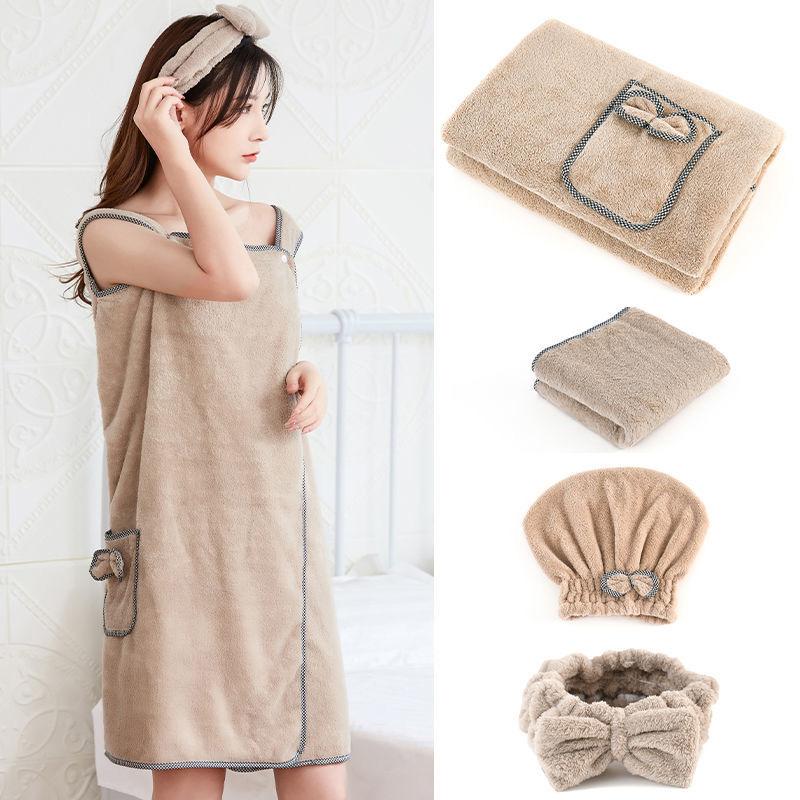 Банные полотенца можно использовать для впитывания воды и предотвращения выпадения волос.. Взрослые домашние купальные халаты из кораллового флиса плюс хлопковые мягкие полотенца