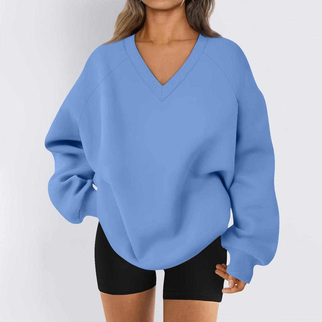 Ladies Long Sleeve Solid Color V-neck Sweatshirt