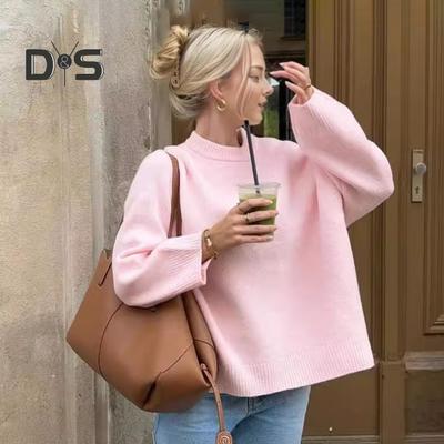 Женский свитер с круглым вырезом, длинным рукавом, однотонный, свободный крой, трикотажные топы с ребристой отделкой, повседневные пуловеры