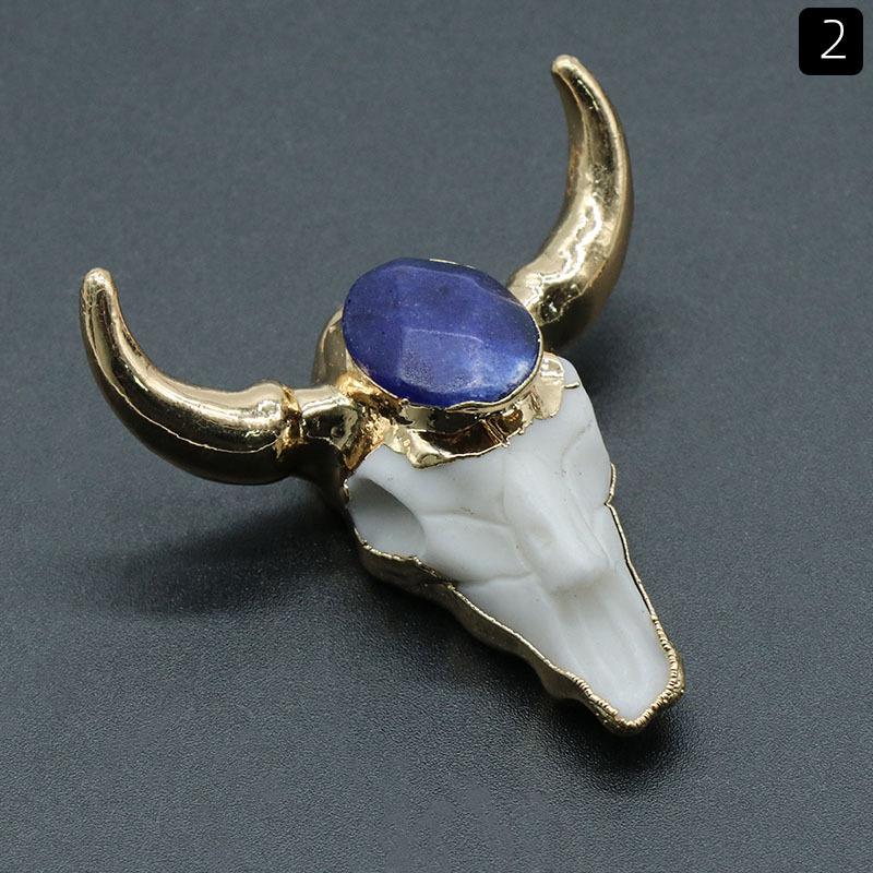Gold Plated Bull Pendant Natural Crystal Healing Stone Inlaid Resin DIY Jewelry Accessories with Bull Head Necklace