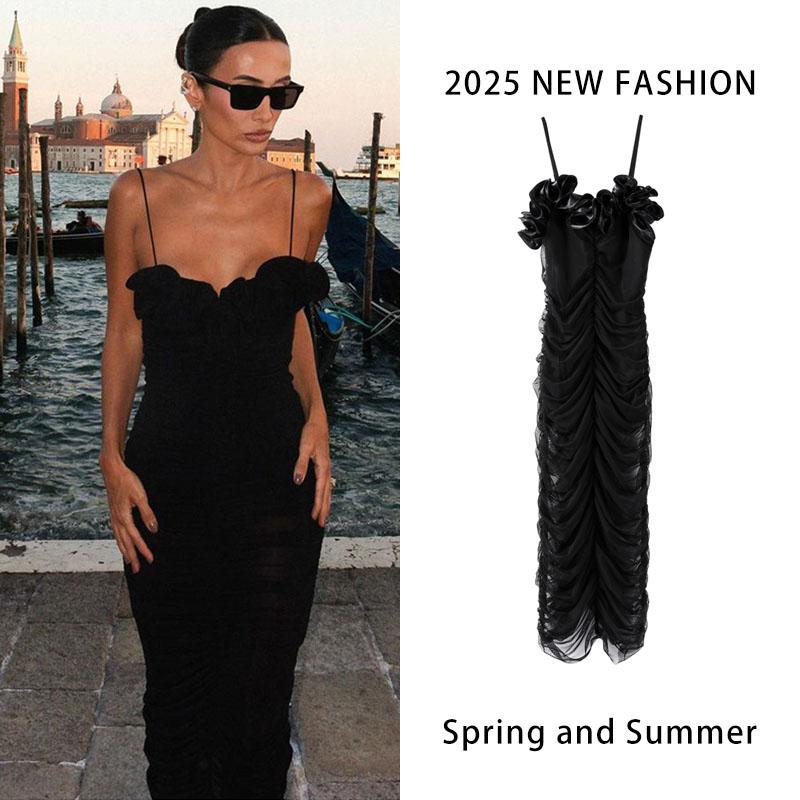 Платье-комбинация с оборками и складками, женское облегающее, с запахом, длинное, сексуальное, с открытой спиной, на бретелях, летняя новая мода