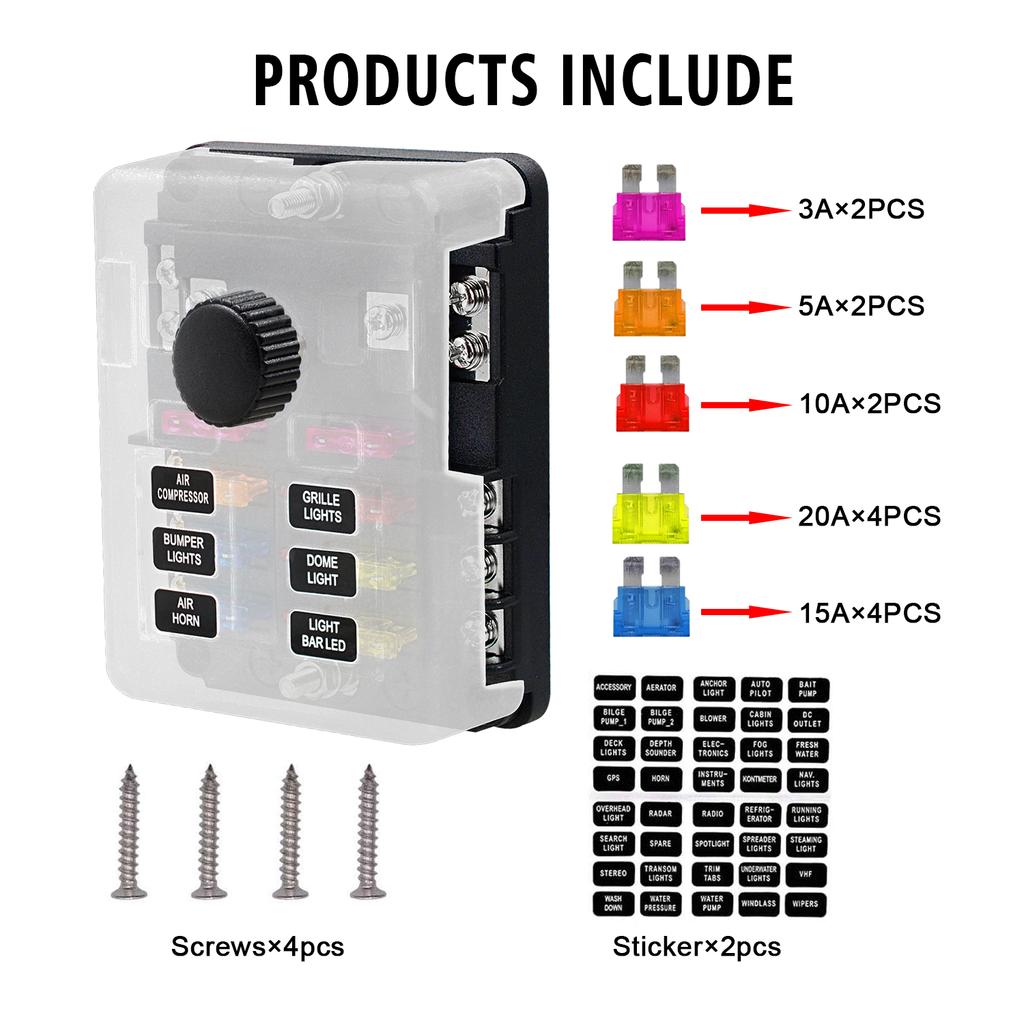 Waterproof 12 Volt Fuse Block, 6 Way with 6 Ground Negative Busbar[100 Amp Max] [ATC/ATO Fuses] [LED Indicator] [2 Spare Fuse Slots] for Car Boat Etc.