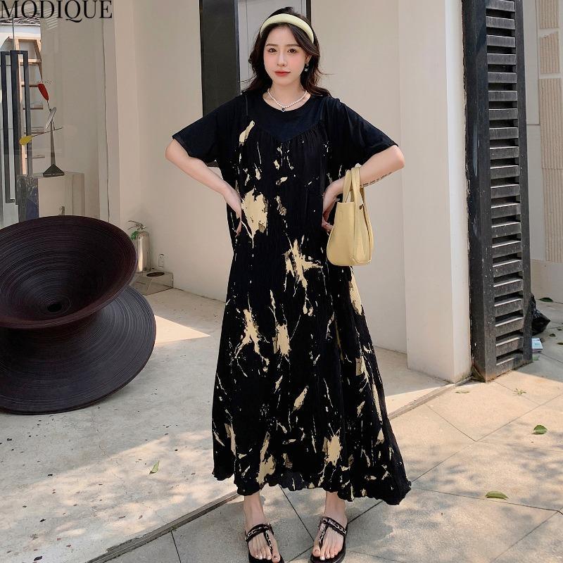 MODIQUE Summer Plus Size New Women Loose Elegant Pleated Floral Slip Mock Two-Piece Long Dress Female Short Sleeve O-Neck Dresses