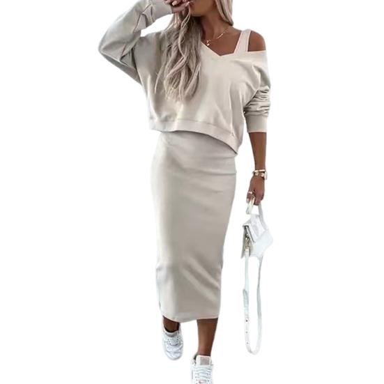 2 шт./комплект женский топ платье комплект V-образный вырез длинные рукава однотонный топ высокая талия облегающее платье миди повседневный толстовка платье для свиданий комплект