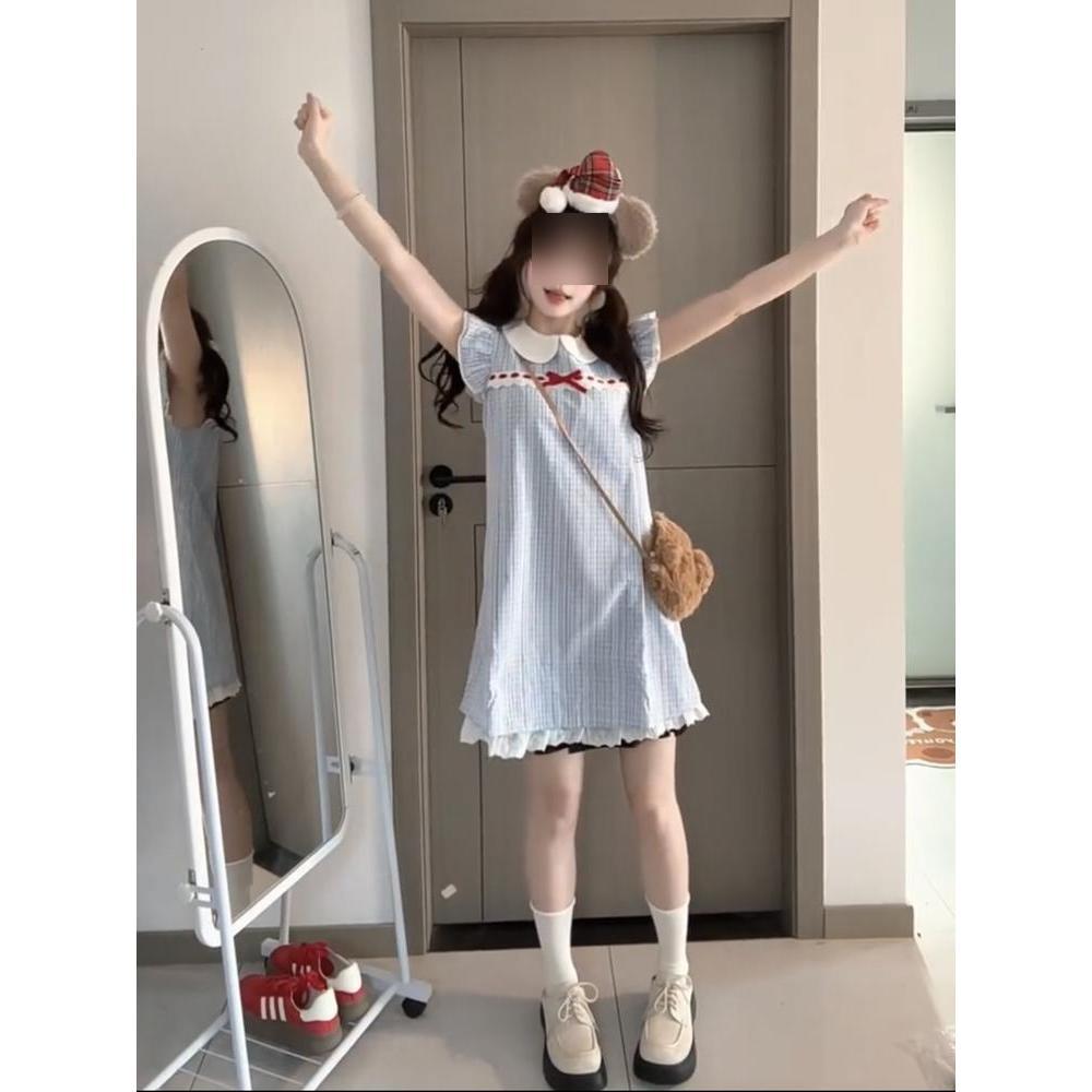 Летняя одежда маленькая рубашка юбка женская студенческая клетчатая вставка свободный кукольный воротник маленький рукав-крылышко платье
