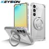 KEYSION Прозрачный чехол для MagSafe для Samsung Galaxy S24 FE 5G 360° Магнитная подставка-кольцо Беспроводная зарядка Прозрачная накладка для телефона
