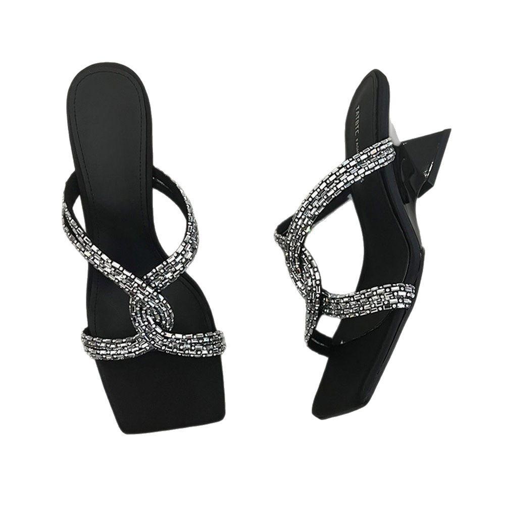 Женские летние простые новые туфли средней высоты на шпильке с квадратным носком, темпераментные черные, французские, на один ремешок, для улицы