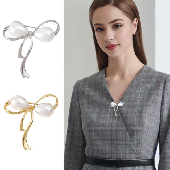 Women Brooch Faux Pearl Hollow Bow Decor Stainless Exquisite Vintage Anti-slip Wear-resistant Coat Collar Hat