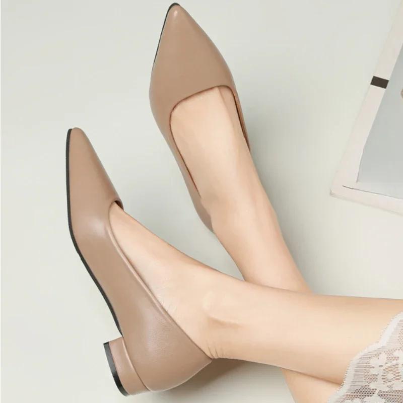 Мода 2024 года, новая мода, весна и осень, заостренные туфли с неглубоким носком, повседневные простые женские туфли на толстом каблуке, туфли на высоком каблуке