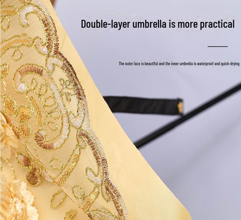 Черный зонт с вышивкой в стиле ретро и защитой от УФ-излучения - двойного назначения для женщин