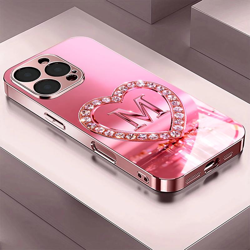 Diamond Love Letter Tempered Glass Phone Case for iPhone 17 Pro Max 11 12 13 Pro 14 15 16 Plus 16E 17Air Lens Protection Cover