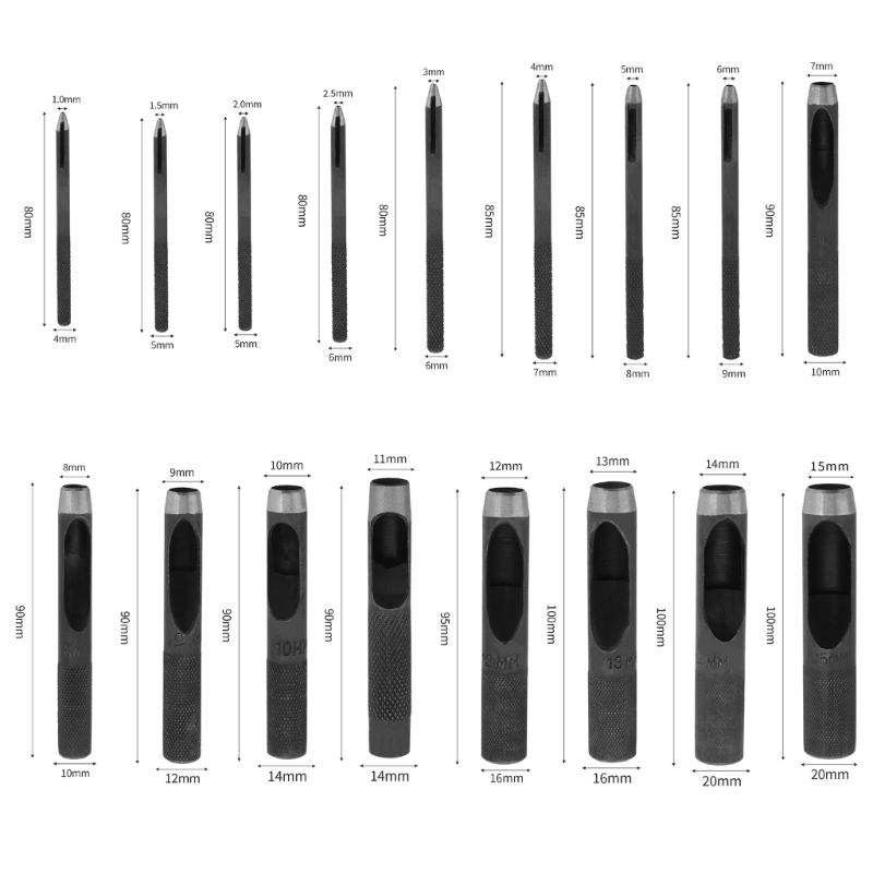 17Pcs Leather Hole Punches Set 4mm-20mm Round Hole Puncher Tool Hollow Hole Punching Tool for Leather Belt Watch Band