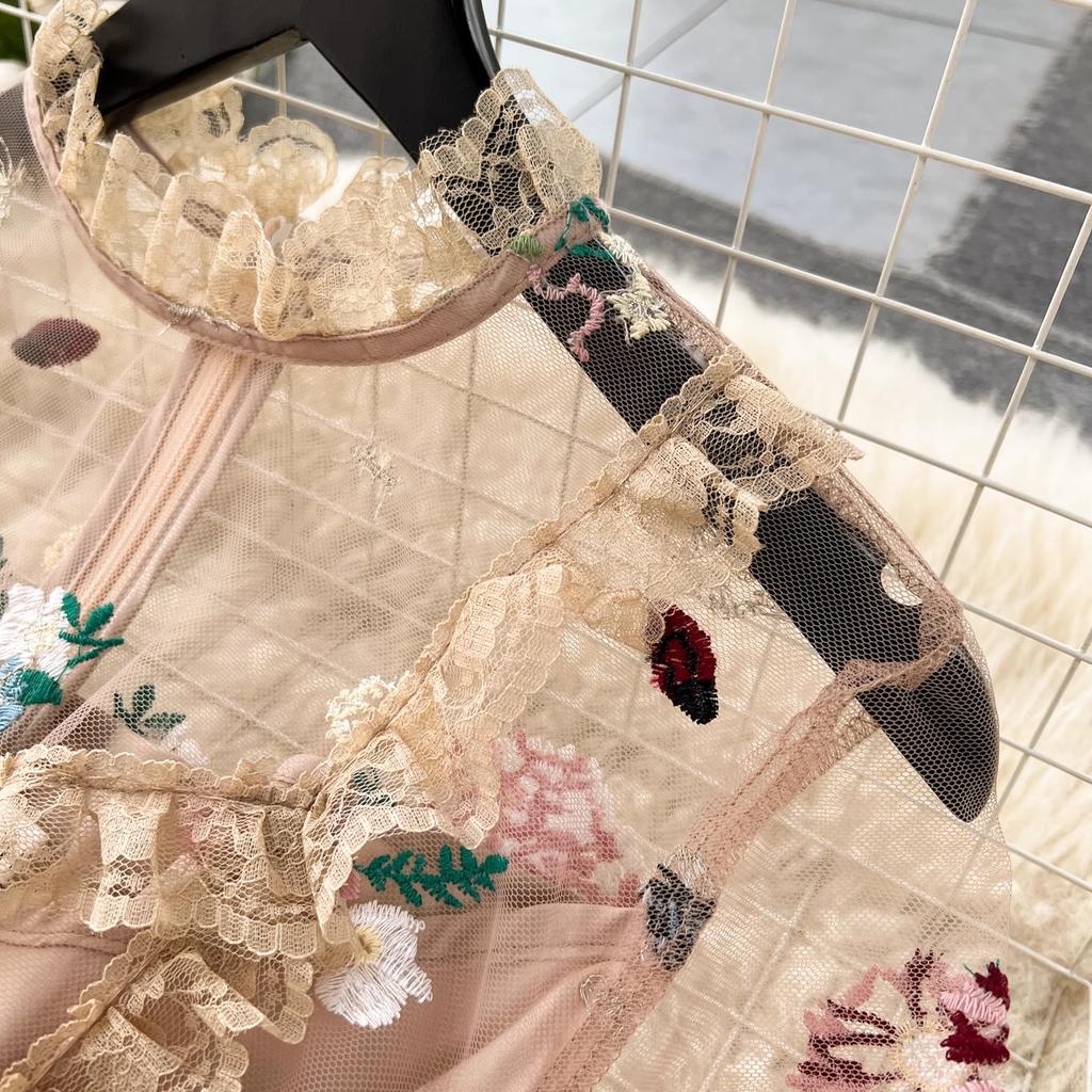 Французское винтажное вечернее платье с вышивкой цветов, летнее платье с длинным рукавом, принцесса, фея, платья, кружево, сетка, оборки, одежда