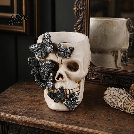 Halloween Gift Idea Gothic Skull Pen Holder, Spooky Butterfly Makeup Brush Desk Organizer Organizer, Desktop Pencil Cup for Home Office Decor