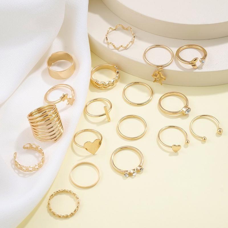 Vintage Gold Color Heart Rings Set For Women Men Fashion Hollow Star Pearl Crystal Geometric Rings Trendy Finger Jewelry Gifts