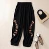 Summer Flower Embroidery Cotton Linen Harem Pants Women Bottoms Casual Vintage Pocket Lantern Ankle-Length Pants